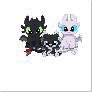 Fury family with boy, baby fury toothless, night furies, light fury dragon Posters and Art